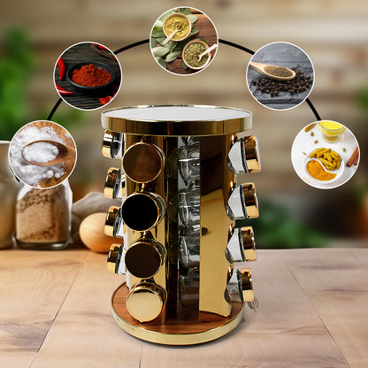 Led Spice Rack Organizer Rotating Spice Rack With Free 16 Seasoning Jars Revolving Tower Organizer Stainless Steel For Kitchen Storage (Golden  16 Pc  Moq - 6 Pc)