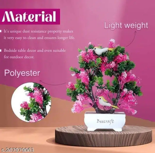 Artificial Bonsai Plant with Pot & Light (Pink & Green, 23 cm)